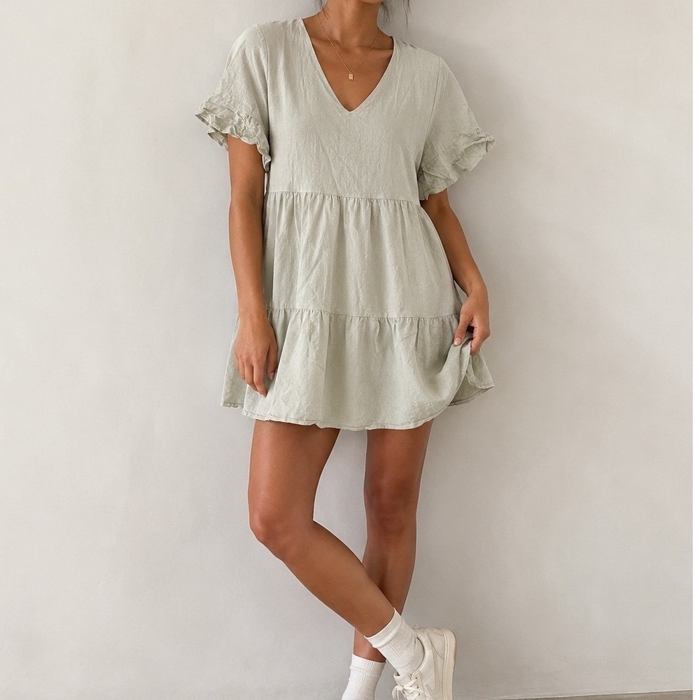 Fancyinn Sage Green Tiered Babydoll Mini Dress V-Neck Ruffle Sleeve  Cottagecore